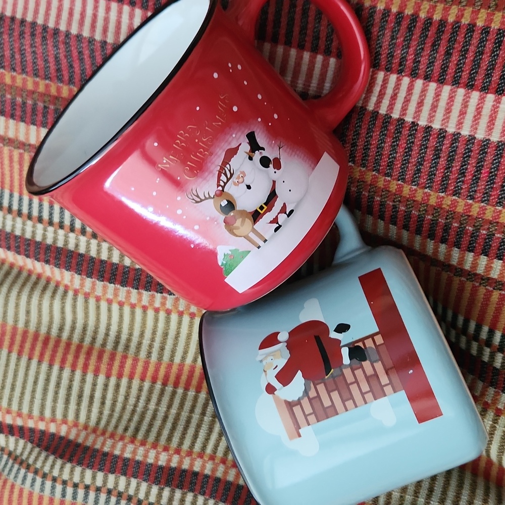 Holiday mug set/ 2, Bruntmor, Ceramic, Blue Red Lg Sz, New Cond